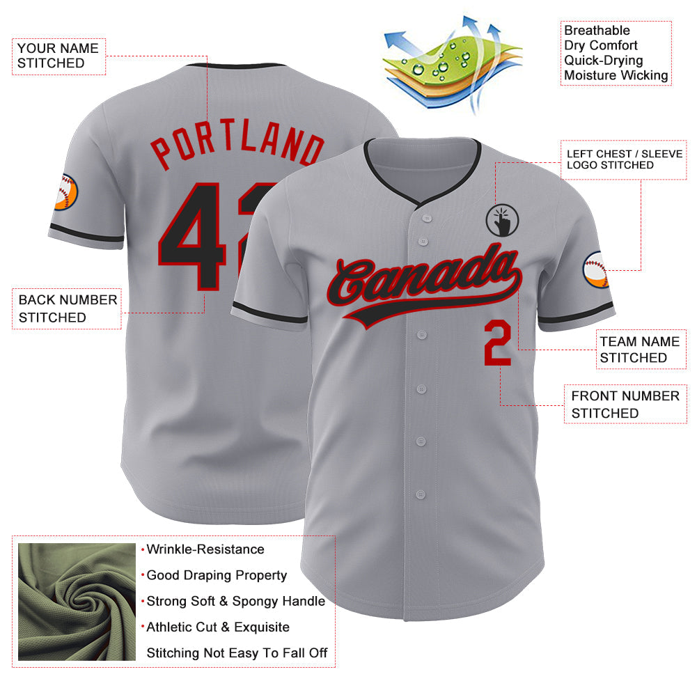 Custom Gray Black-Red Authentic Baseball Jersey view 3