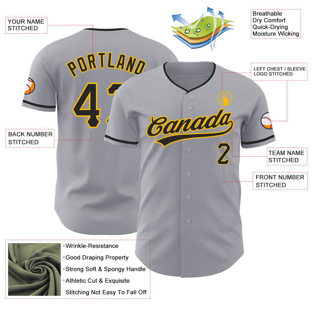 Custom Gray Black-Gold Authentic Baseball Jersey view 3