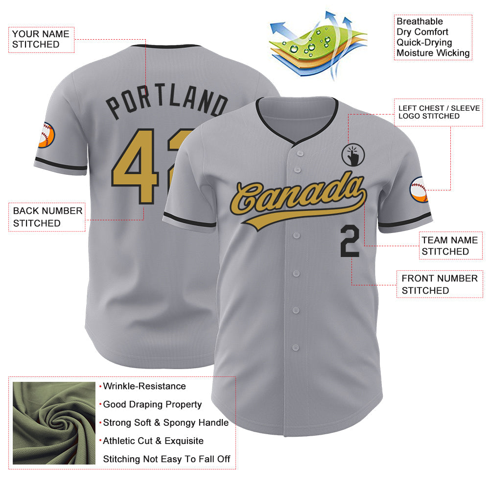 Custom Gray Old Gold-Black Authentic Baseball Jersey view 3