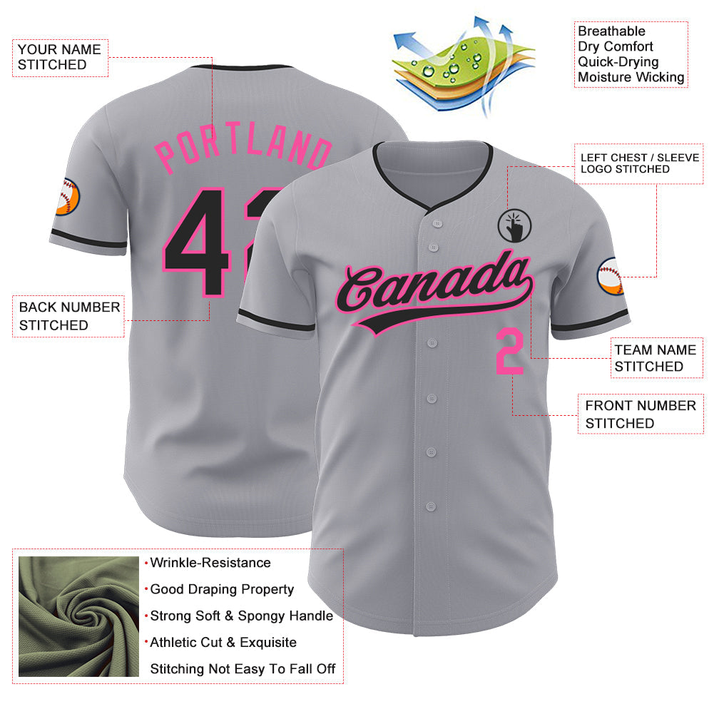 Custom Gray Black-Pink Authentic Baseball Jersey view 3