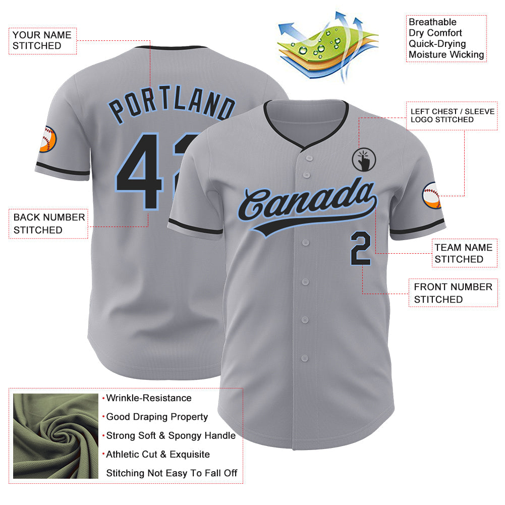 Custom Gray Black-Light Blue Authentic Baseball Jersey view 3
