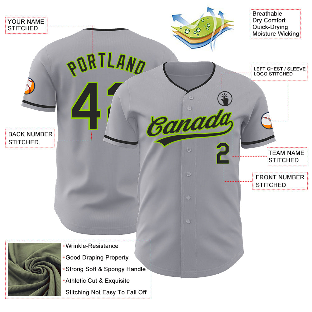 Custom Gray Black-Neon Green Authentic Baseball Jersey view 3