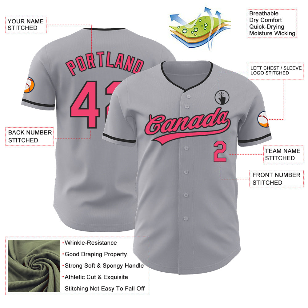 Custom Gray Neon Pink-Black Authentic Baseball Jersey view 3