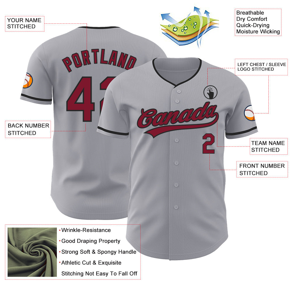 Custom Gray Maroon-Black Authentic Baseball Jersey view 3