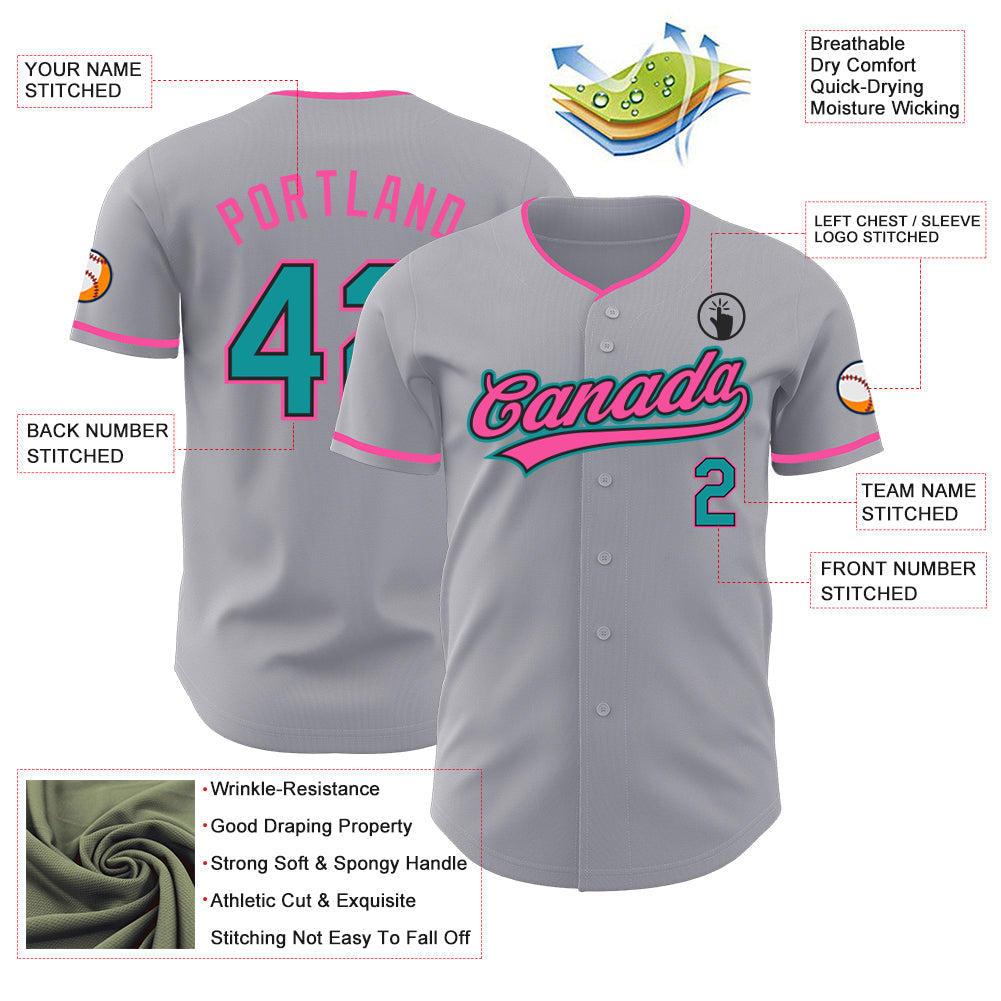 Custom Gray Teal Black-Pink Authentic Baseball Jersey view 3