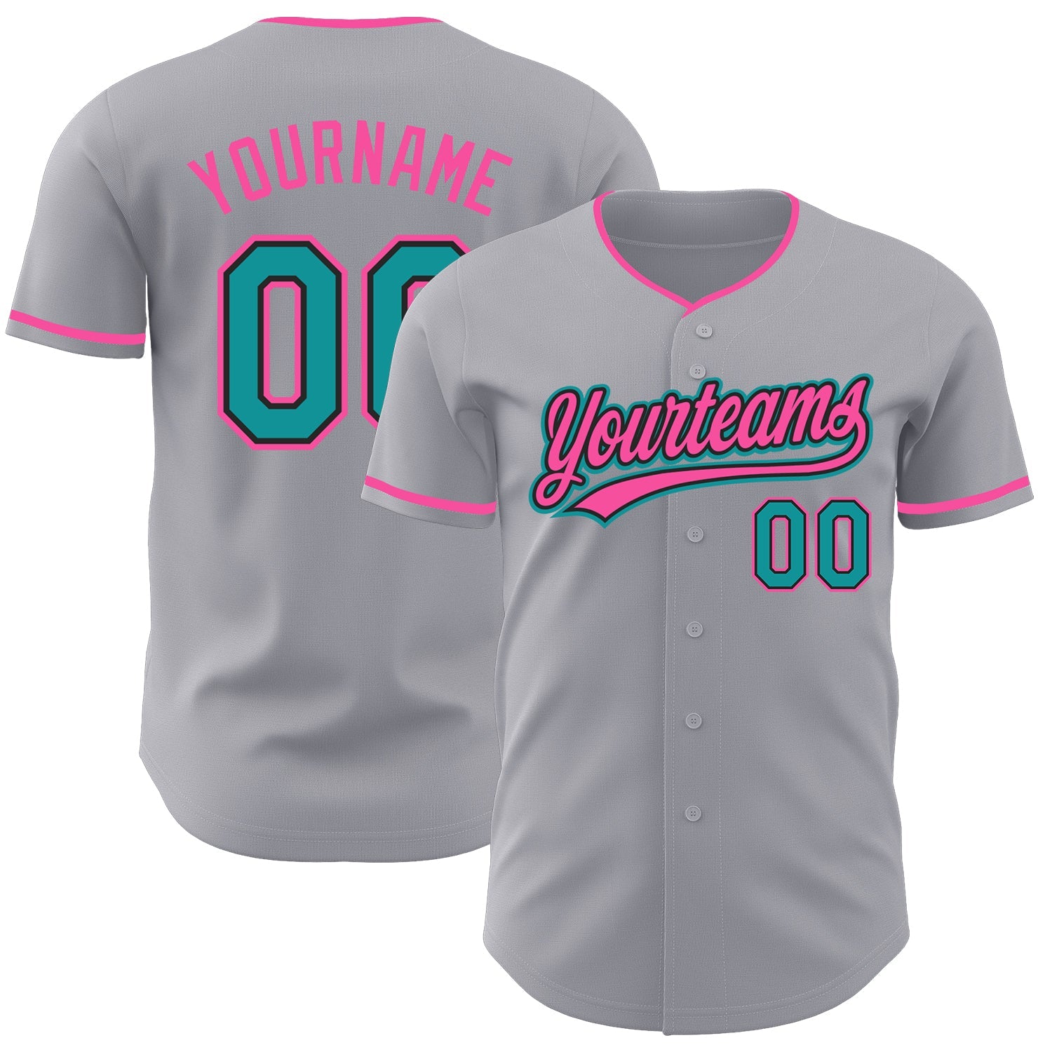 Custom Gray Teal Black-Pink Authentic Baseball Jersey - Main View