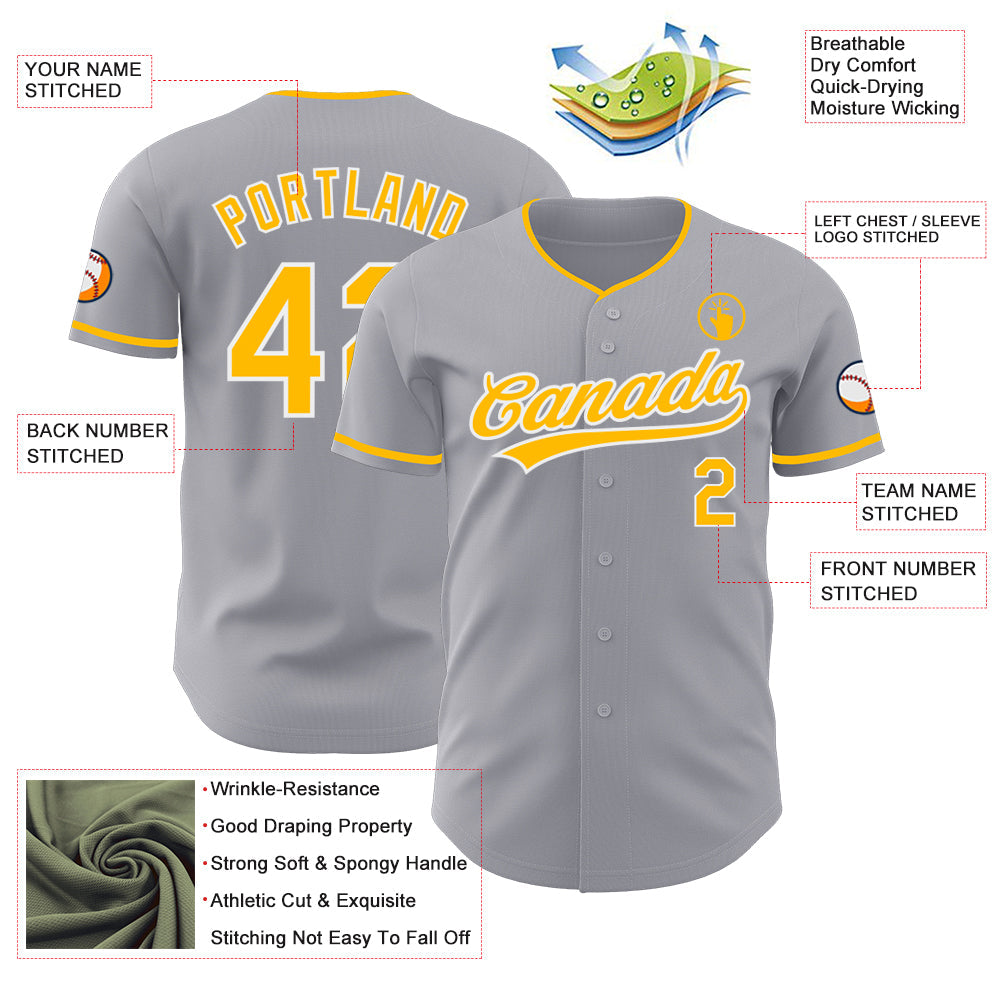 Custom Gray Gold-White Authentic Baseball Jersey view 3