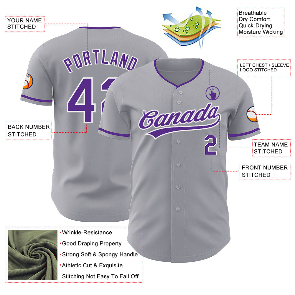 Custom Gray Purple-White Authentic Baseball Jersey view 3