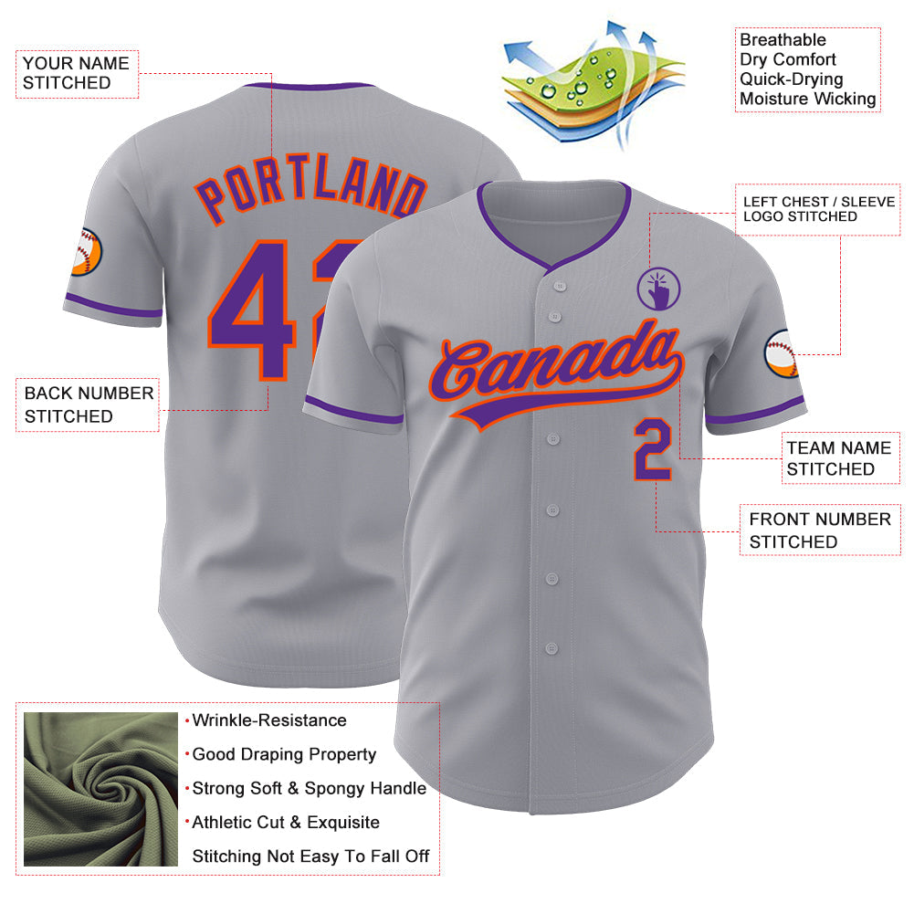 Custom Gray Purple-Orange Authentic Baseball Jersey view 3