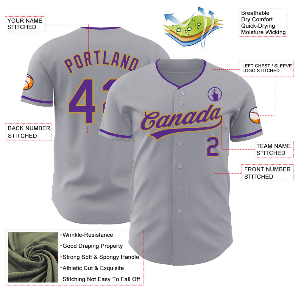 Custom Gray Purple-Old Gold Authentic Baseball Jersey view 3