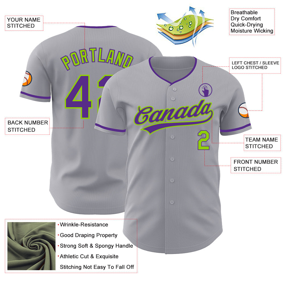 Custom Gray Purple-Neon Green Authentic Baseball Jersey view 3