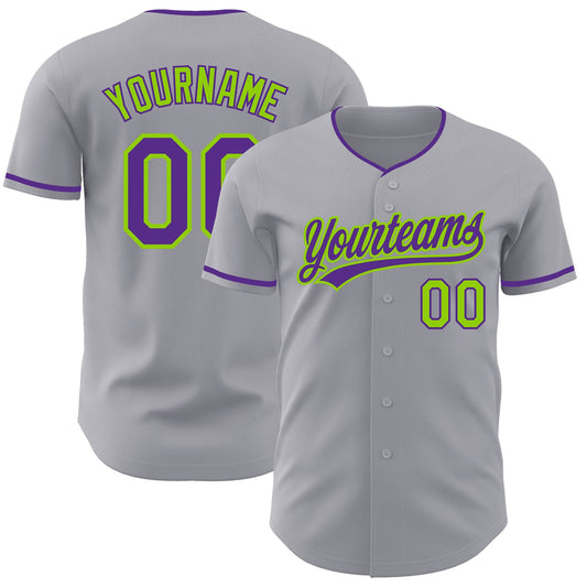 Custom Gray Purple-Neon Green Authentic Baseball Jersey - Main View