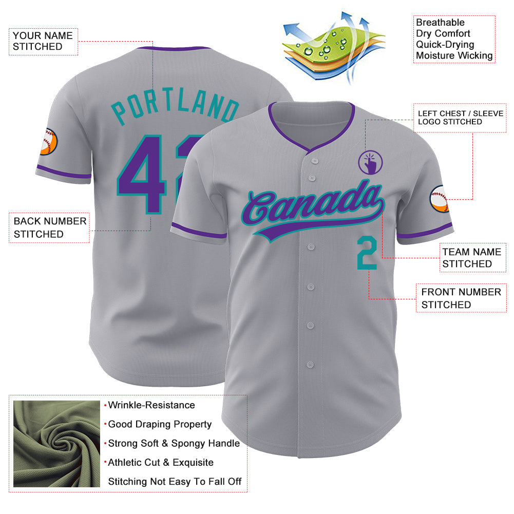 Custom Gray Purple-Teal Authentic Baseball Jersey view 3