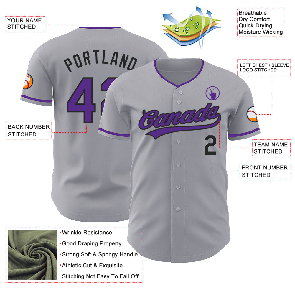 Custom Gray Purple-Black Authentic Baseball Jersey view 3