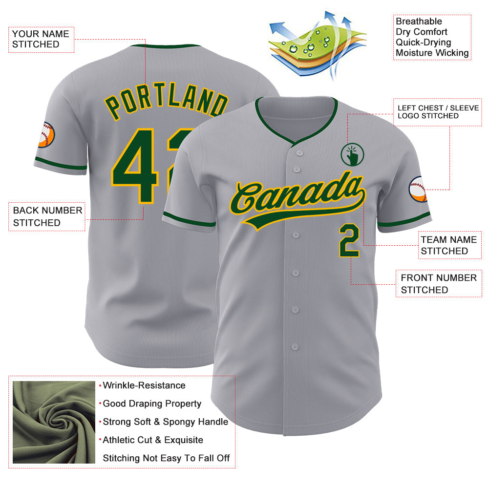 Custom Gray Green-Gold Authentic Baseball Jersey view 3