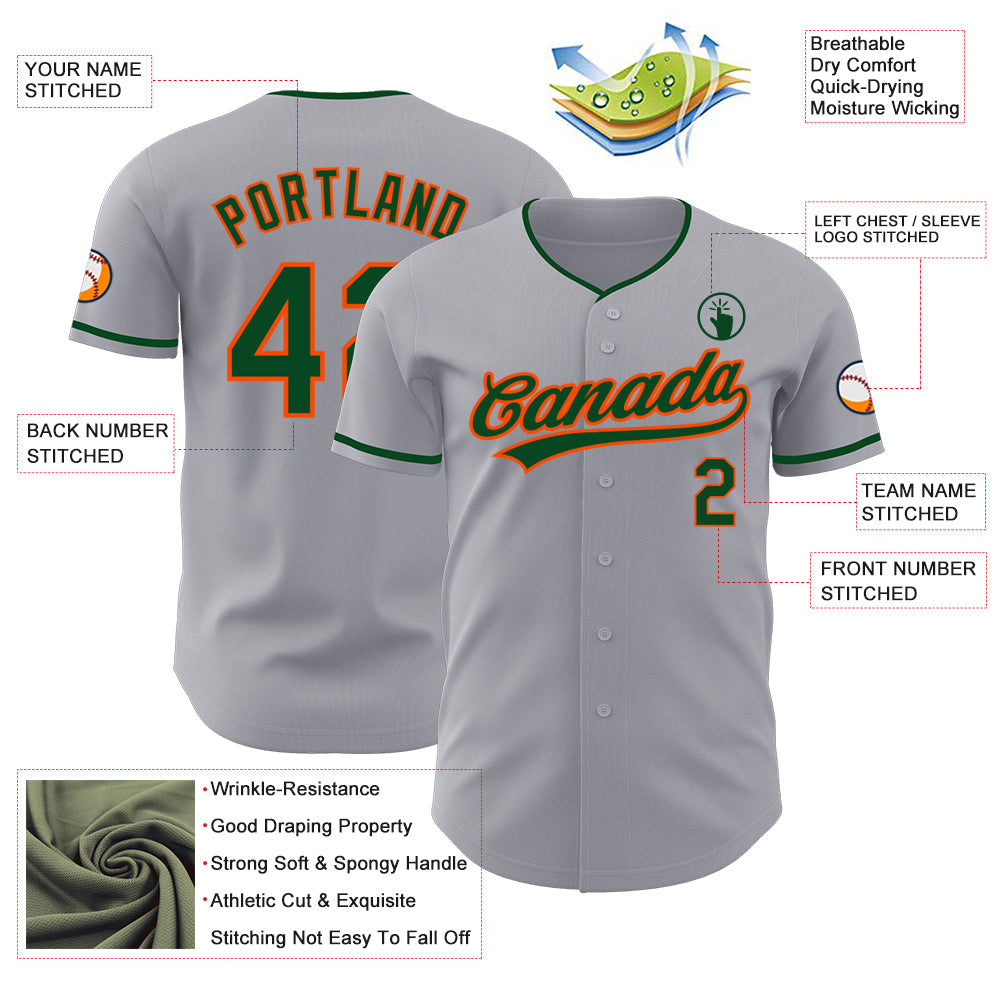 Custom Gray Green-Orange Authentic Baseball Jersey view 3