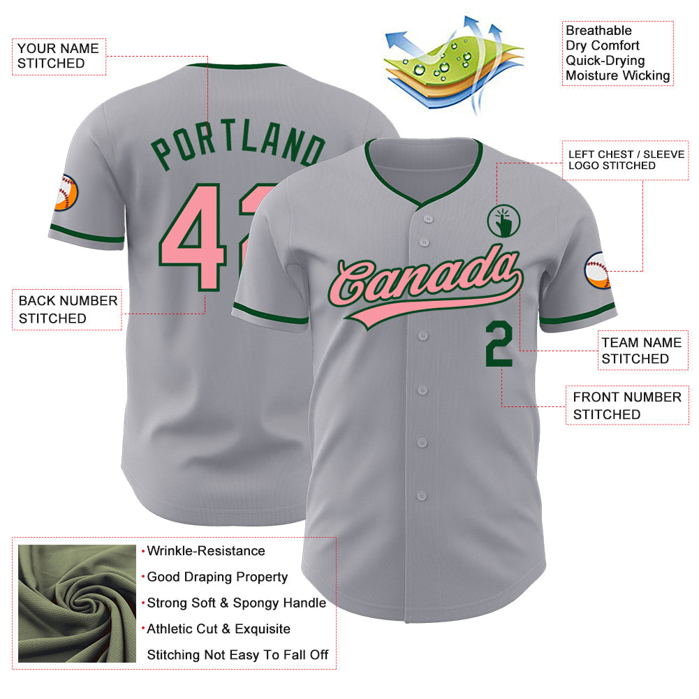 Custom Gray Medium Pink-Green Authentic Baseball Jersey view 3