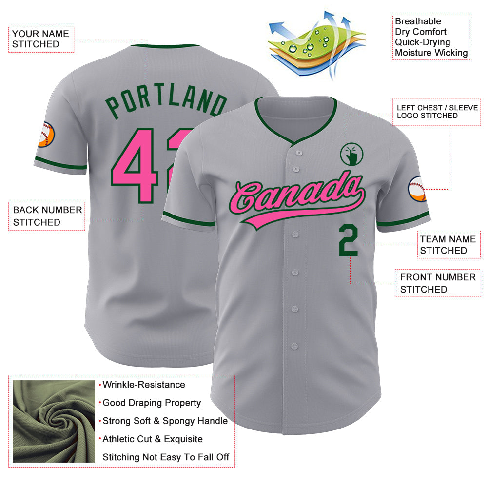 Custom Gray Pink-Green Authentic Baseball Jersey view 3