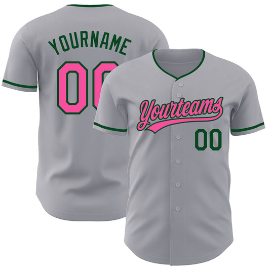 Custom Gray Pink-Green Authentic Baseball Jersey - Main View
