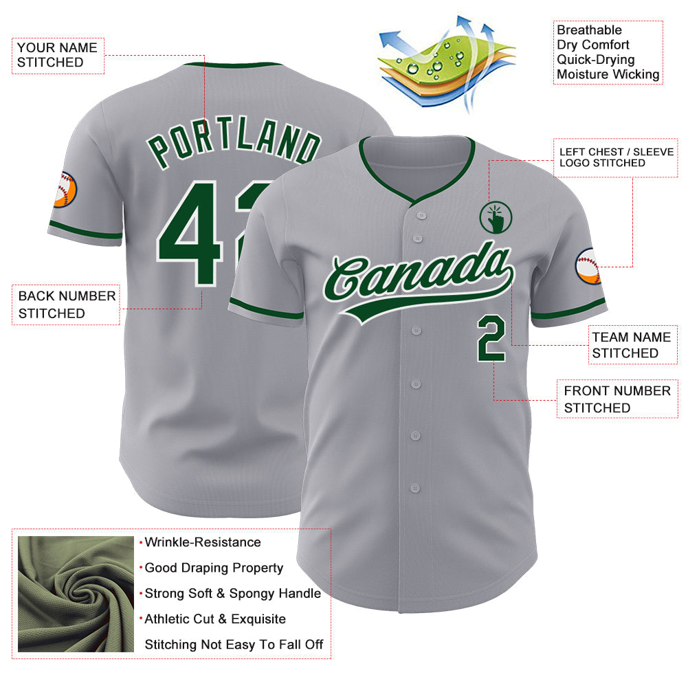 Custom Gray Green-White Authentic Baseball Jersey view 3