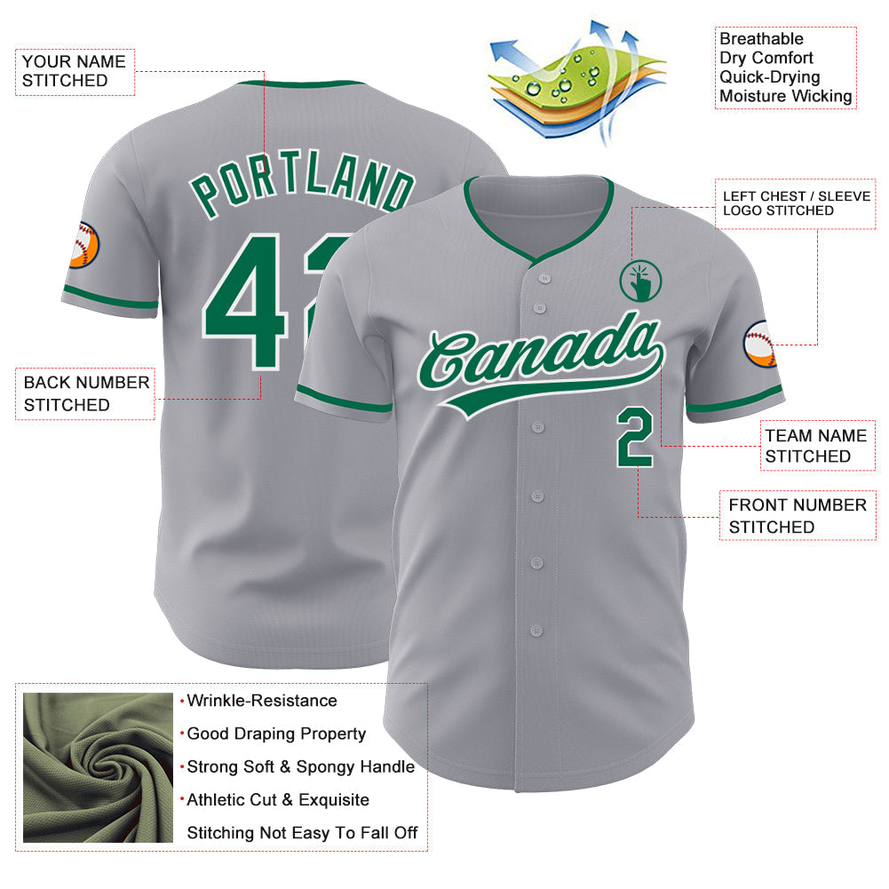 Custom Gray Kelly Green-White Authentic Baseball Jersey view 3