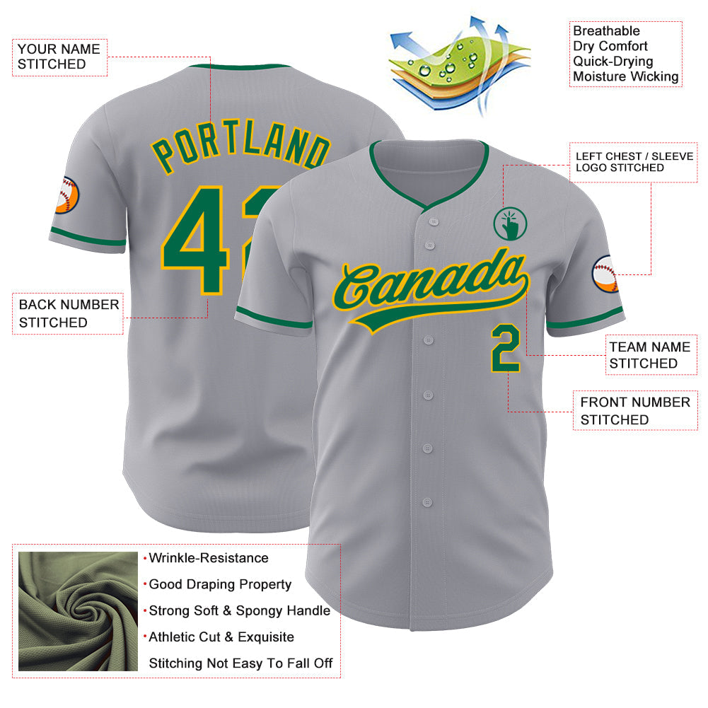 Custom Gray Kelly Green-Gold Authentic Baseball Jersey view 3