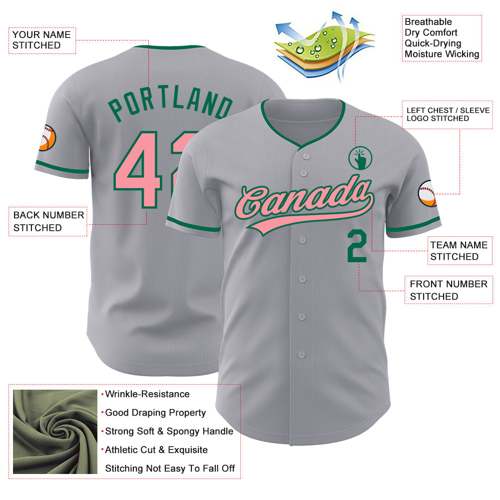 Custom Gray Medium Pink-Kelly Green Authentic Baseball Jersey view 3