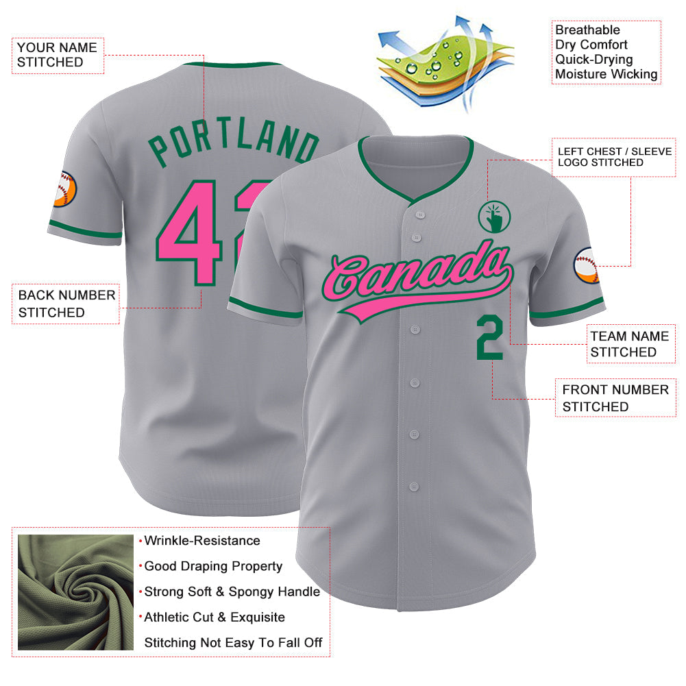 Custom Gray Pink-Kelly Green Authentic Baseball Jersey view 3