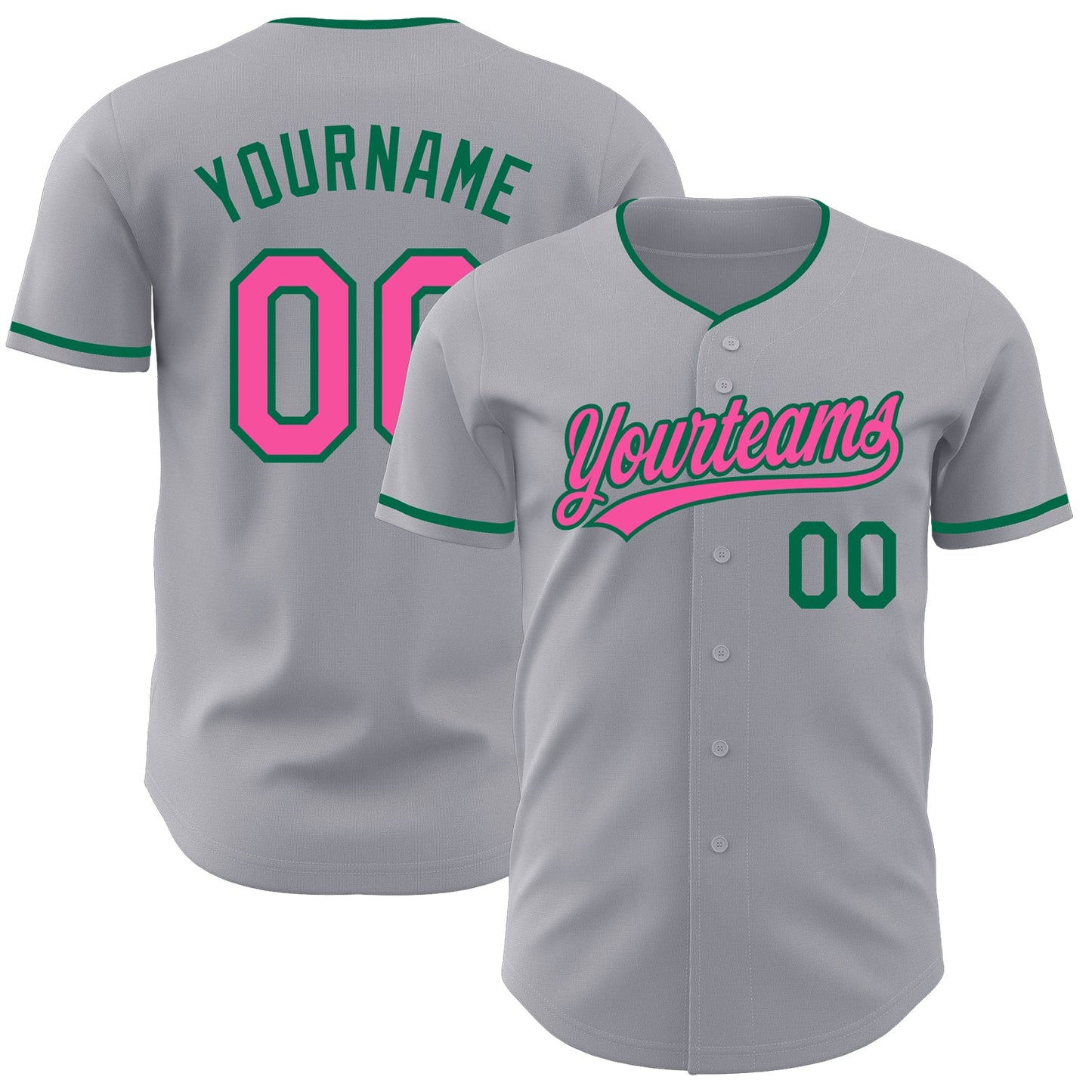 Custom Gray Pink-Kelly Green Authentic Baseball Jersey - Main View