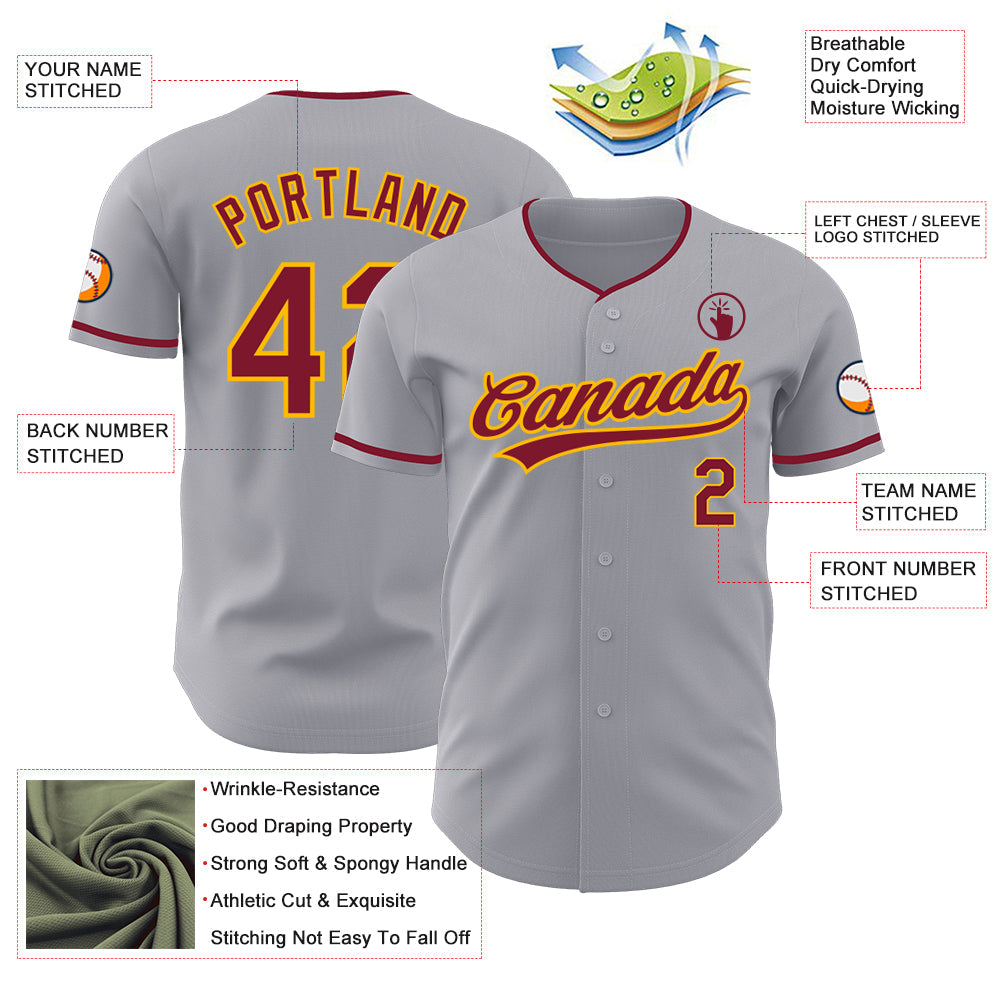 Custom Gray Crimson-Gold Authentic Baseball Jersey view 3