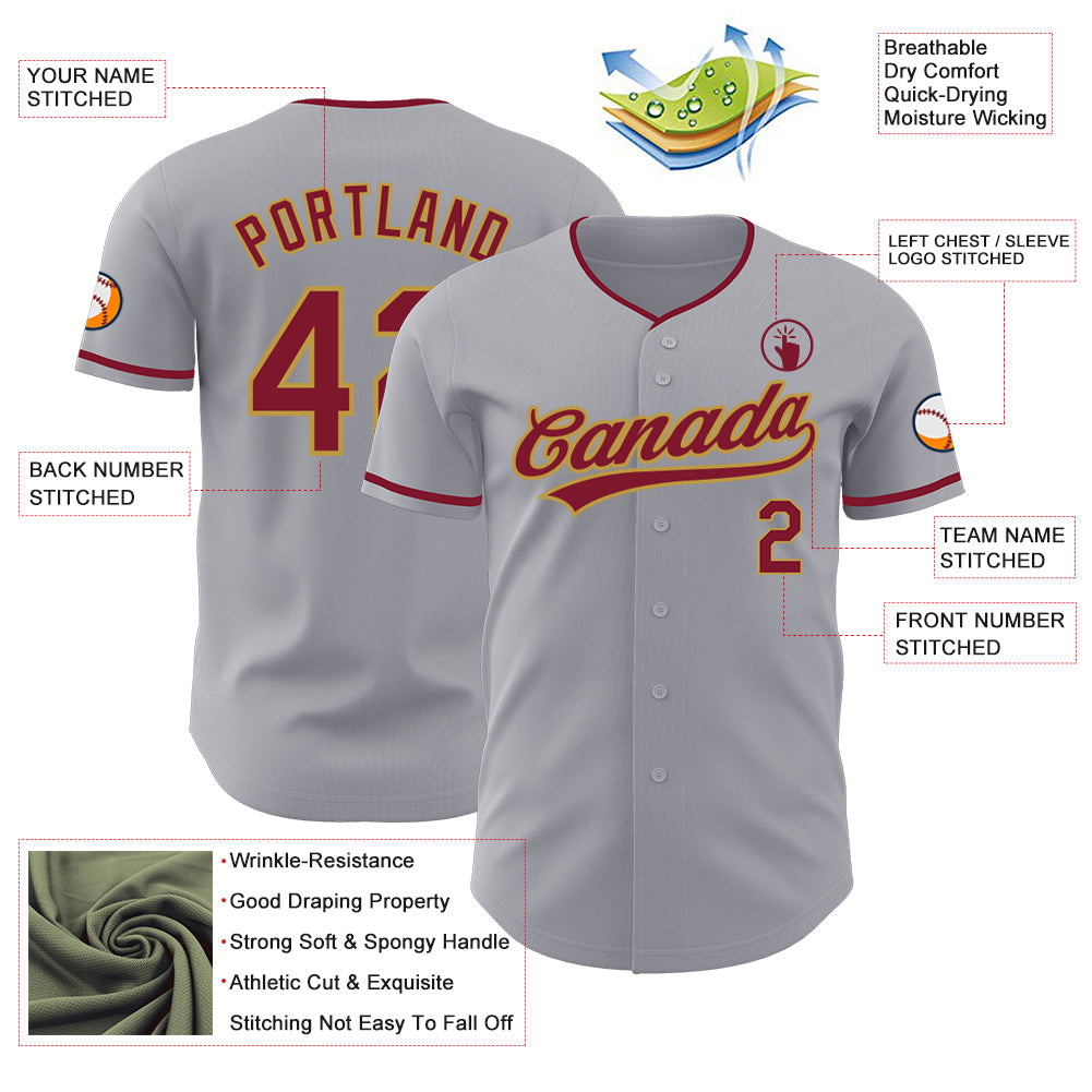 Custom Gray Crimson-Old Gold Authentic Baseball Jersey view 3