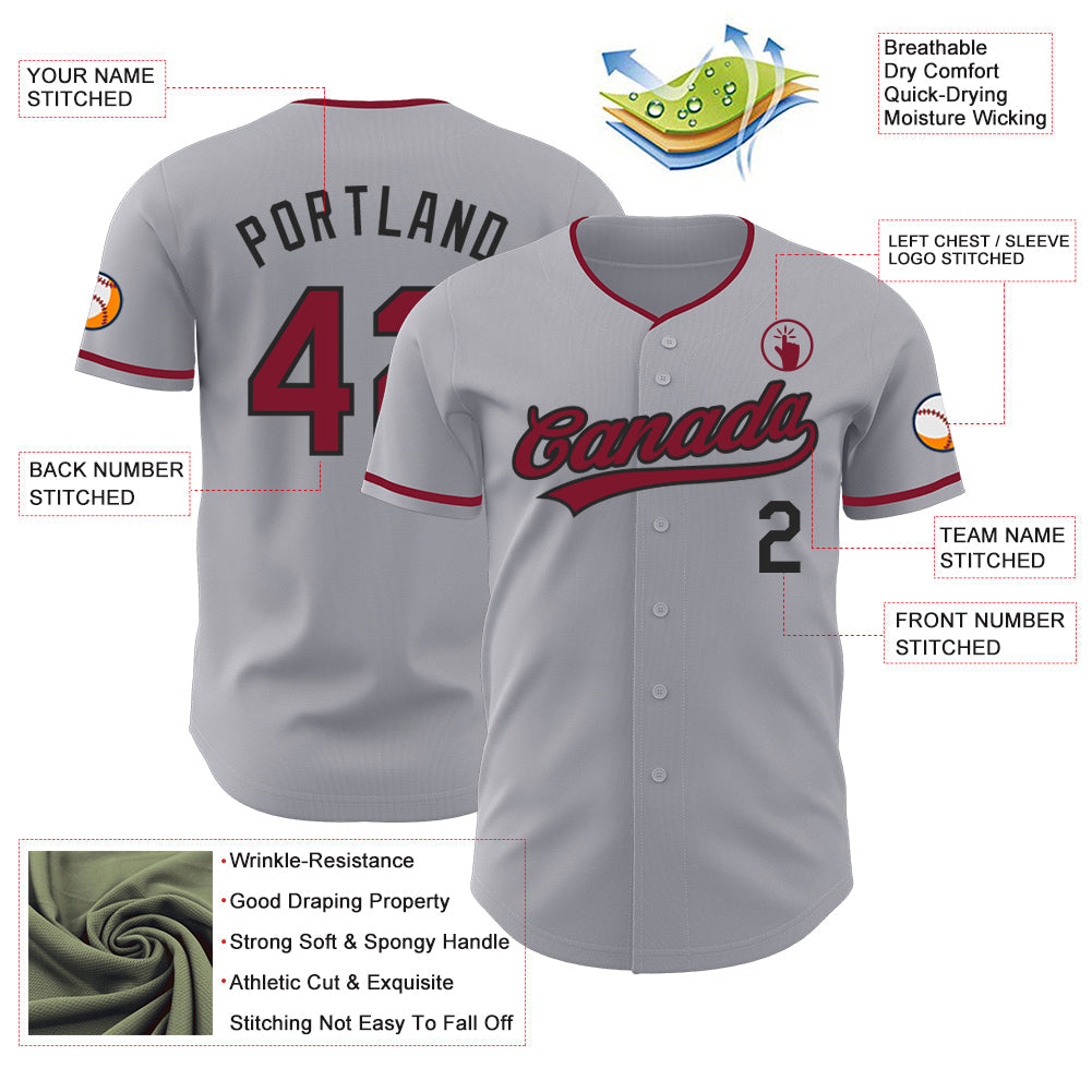 Custom Gray Crimson-Black Authentic Baseball Jersey view 3