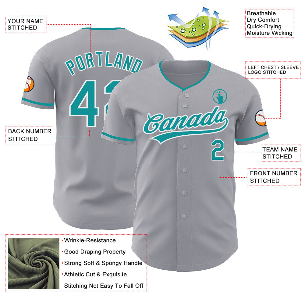 Custom Gray Teal-White Authentic Baseball Jersey view 3