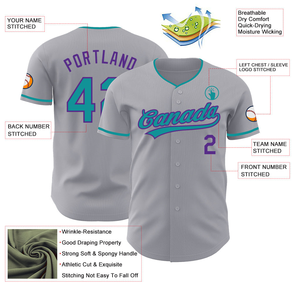 Custom Gray Teal-Purple Authentic Baseball Jersey view 3