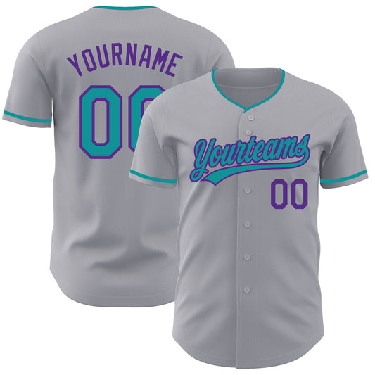 Custom Gray Teal-Purple Authentic Baseball Jersey - Main View