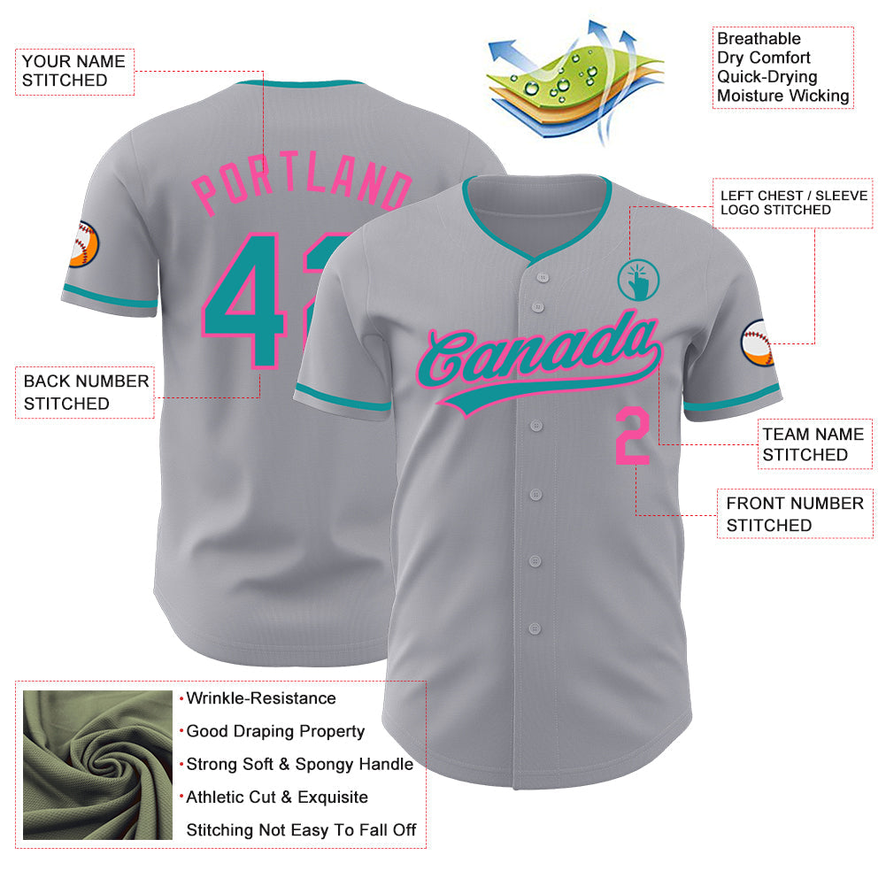 Custom Gray Teal-Pink Authentic Baseball Jersey view 3