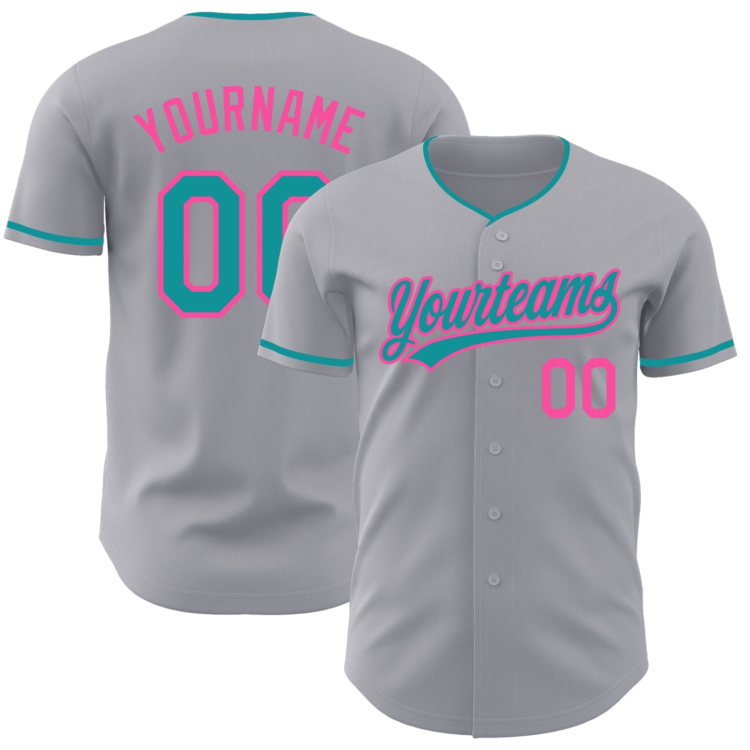Custom Gray Teal-Pink Authentic Baseball Jersey - Main View