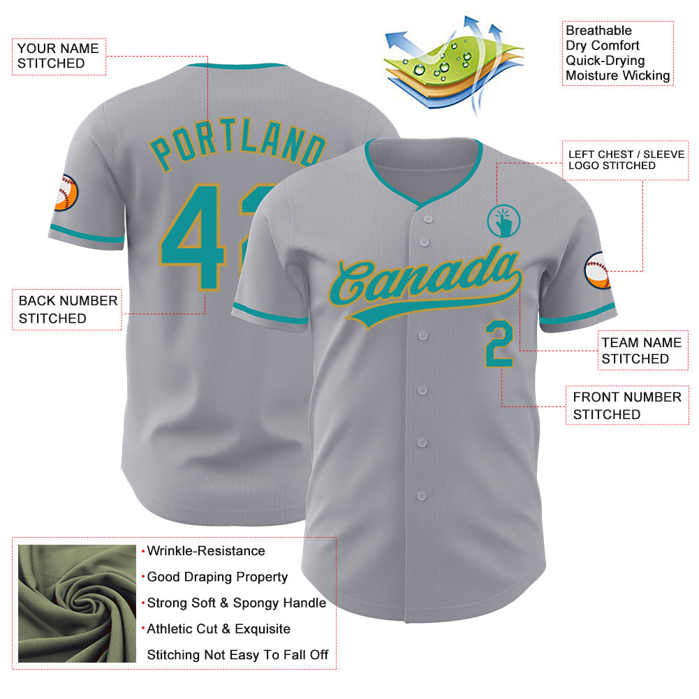 Custom Gray Teal-Old Gold Authentic Baseball Jersey view 3