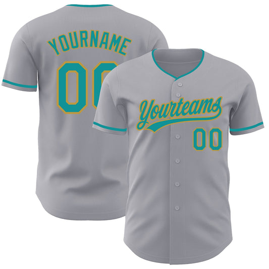 Custom Gray Teal-Old Gold Authentic Baseball Jersey - Main View