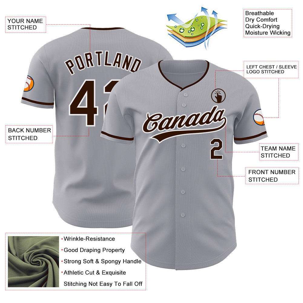 Custom Gray Brown-White Authentic Baseball Jersey view 3