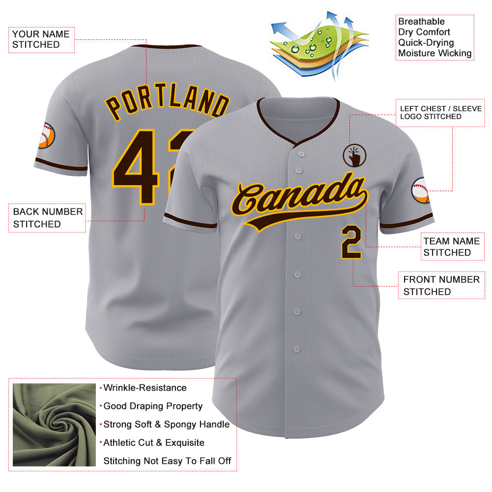 Custom Gray Brown-Gold Authentic Baseball Jersey view 3