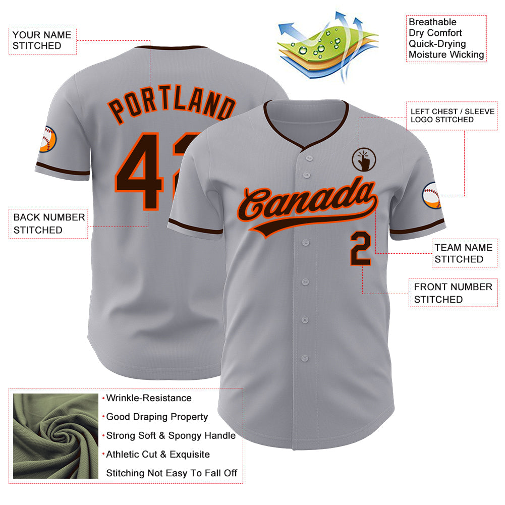 Custom Gray Brown-Orange Authentic Baseball Jersey view 3