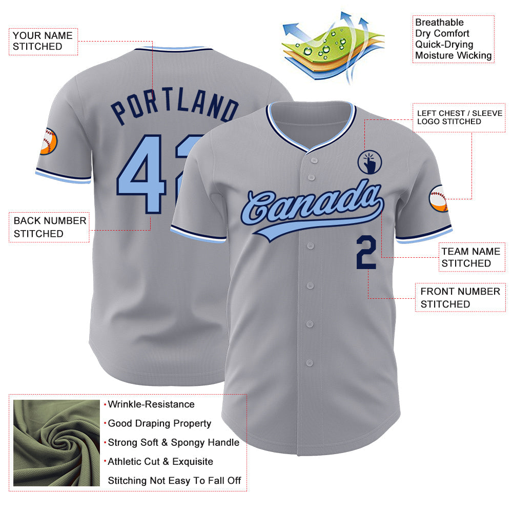 Custom Gray Light Blue Navy-White Authentic Baseball Jersey view 3