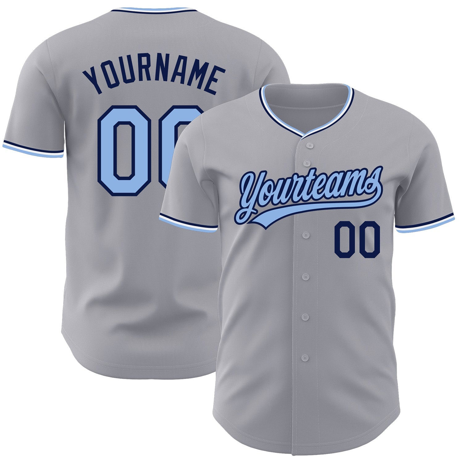 Custom Gray Light Blue Navy-White Authentic Baseball Jersey - Main View