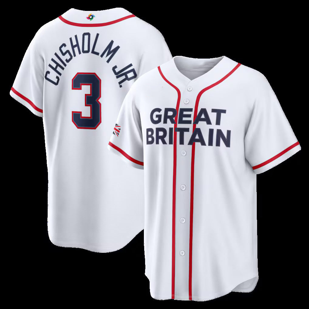 Great Britain Baseball #3 Jazz Chisholm Jr. 2026 World Baseball Classic Home Stadium Jersey - White Baseball Jersey Tailgate Goods - Main View