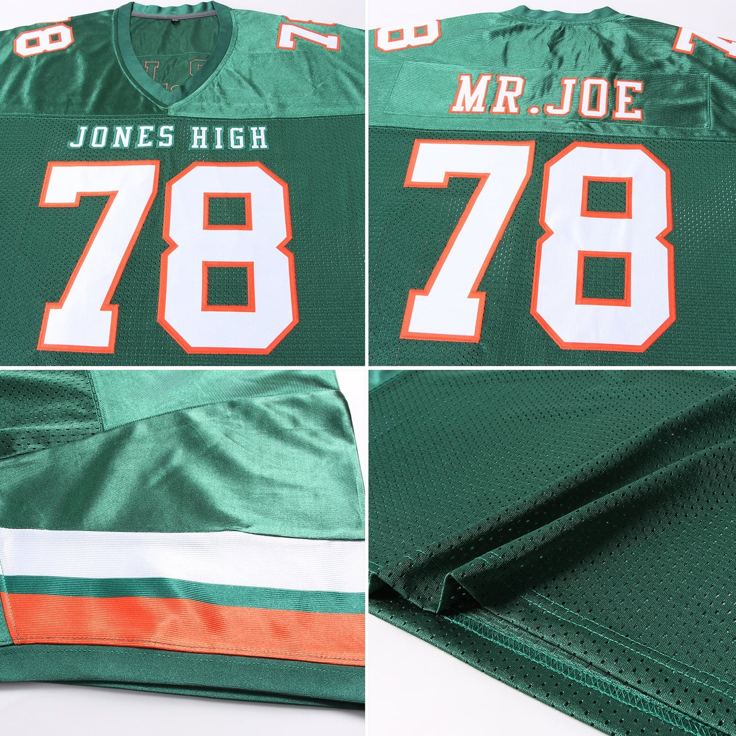 Custom Green White-Orange Mesh Authentic Football Jersey view 6
