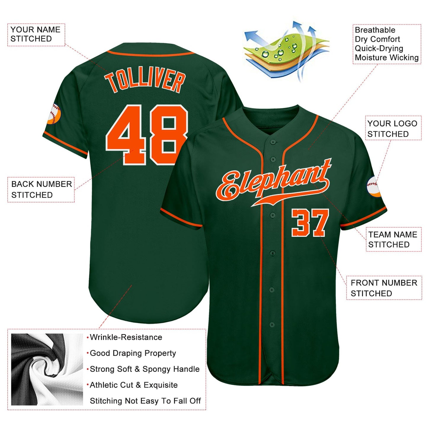 Custom Green Orange-White Authentic Baseball Jersey view 4