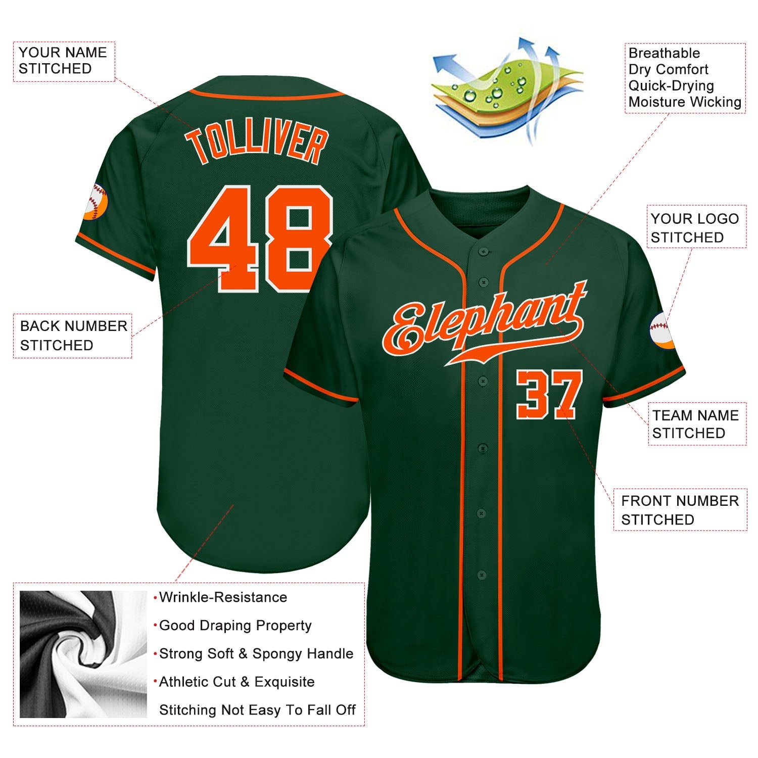 Custom Green Orange-White Authentic Baseball Jersey view 4