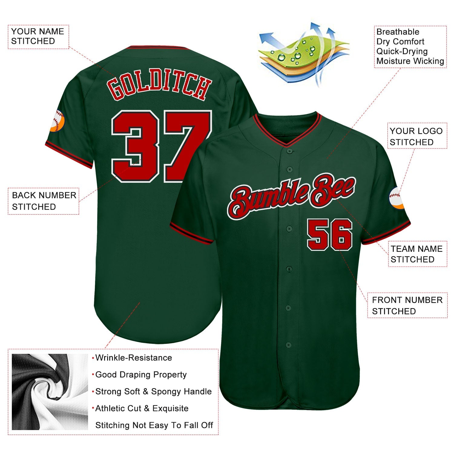 Custom Green Red-Black Authentic Baseball Jersey view 3