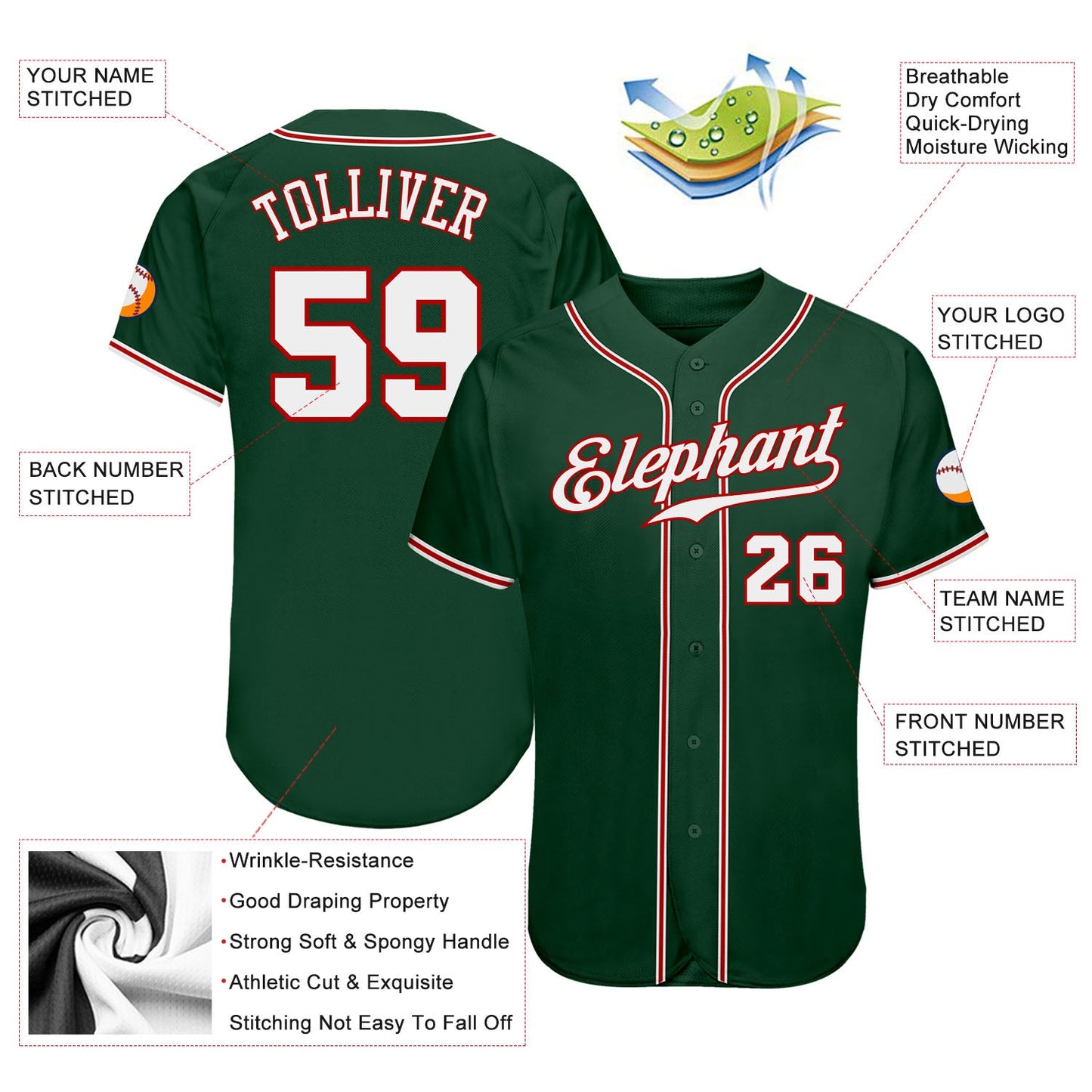 Custom Green White-Red Authentic Baseball Jersey view 3